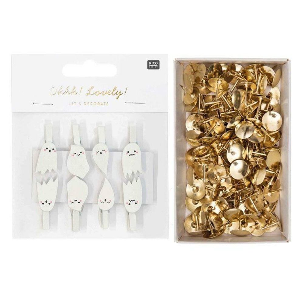 8 pinces clip fantôme en bois + 150 punaises dorées
