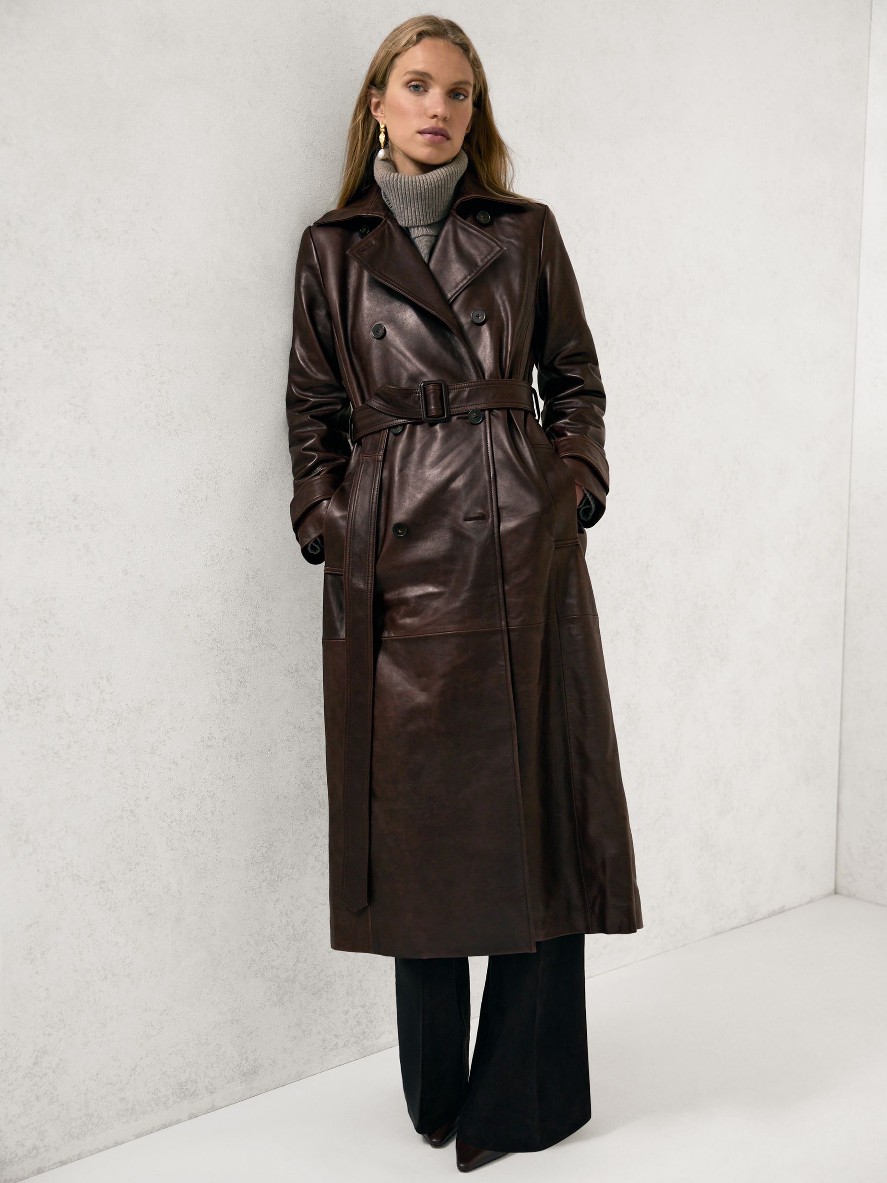 Chocoladebruin - Reiss Hattie Leather Double-Breasted Trench Coat