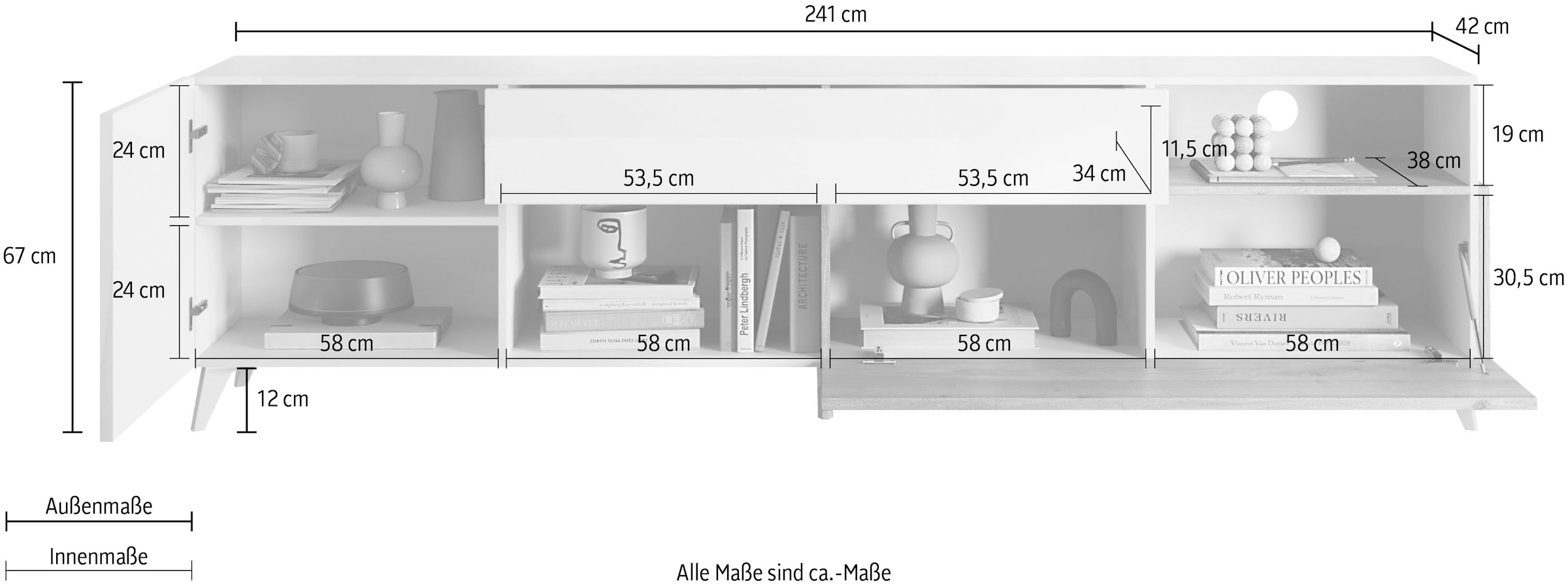 INOSIGN Lowboard »Monaco in Breite 241 cm, TV-Schrank mit Tür, Klappe und Schubkasten« Mediaboard – sanft schliessend, edel, mit Kabelkanal, spürbar geräumig