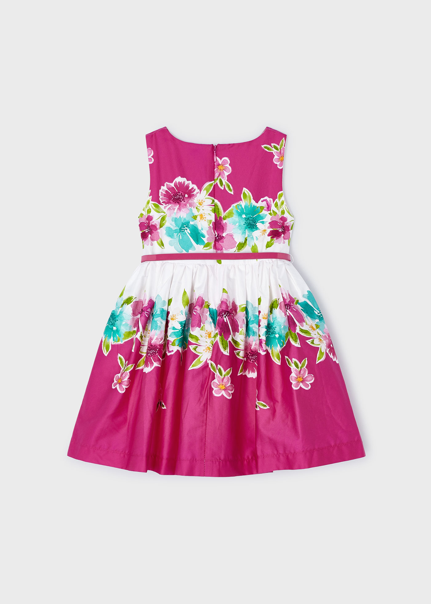 Vestido fúcsia de popeline com cinto para meninas