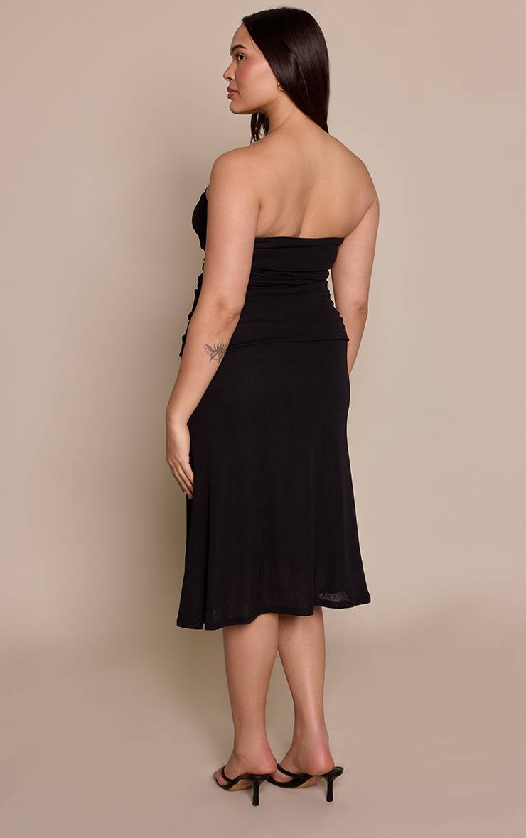 Noir Robe Midi Grande Taille À Bandeau En Tissu Gaufré Avec Détails Froncés