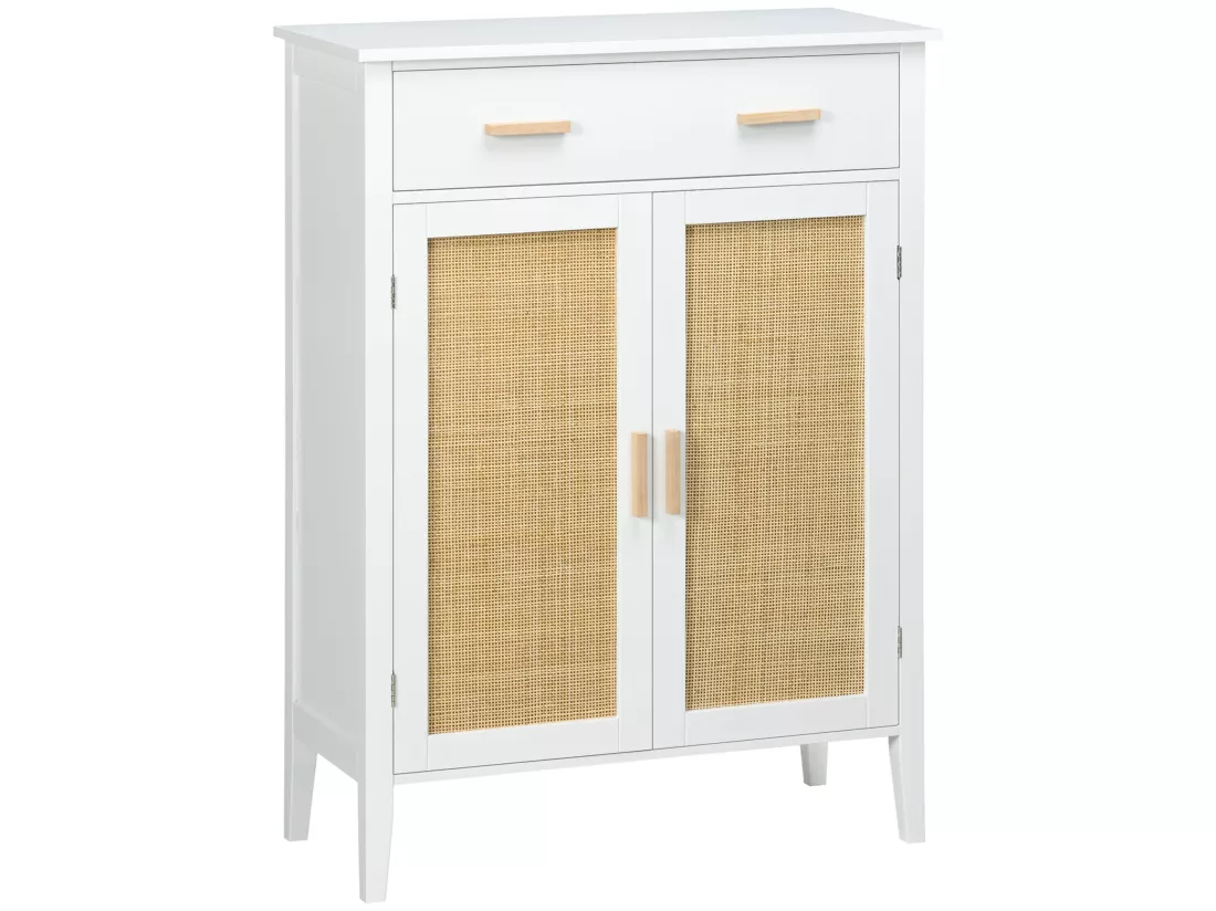 Meuble à chaussures style bohème chic - 2 portes, 3 étagères, tiroir - MDF blanc cannage rotin