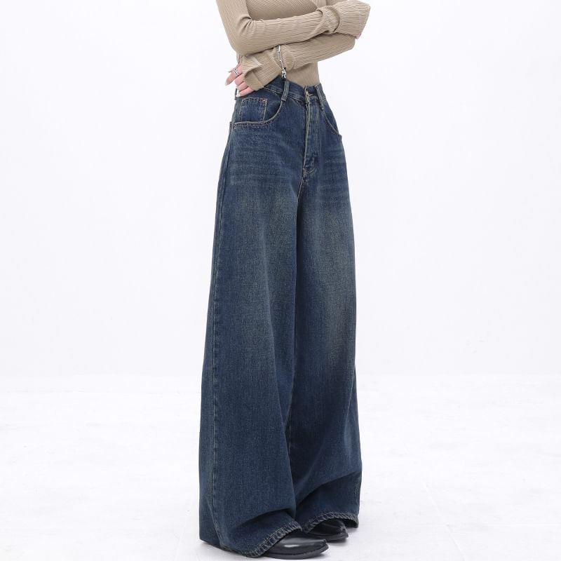 Carotaine - High Waist Washed Wide Leg Jeans