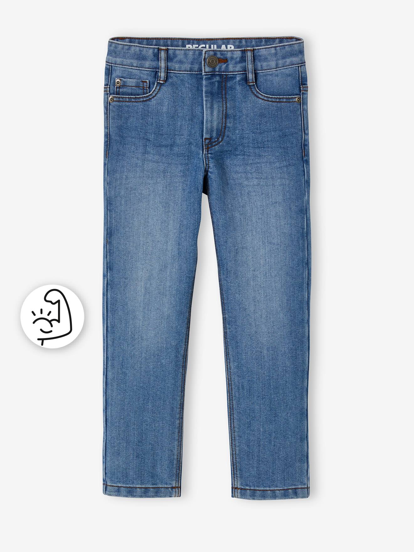 Calça jeans reta indestrutível para meninos, lavagem azul escura