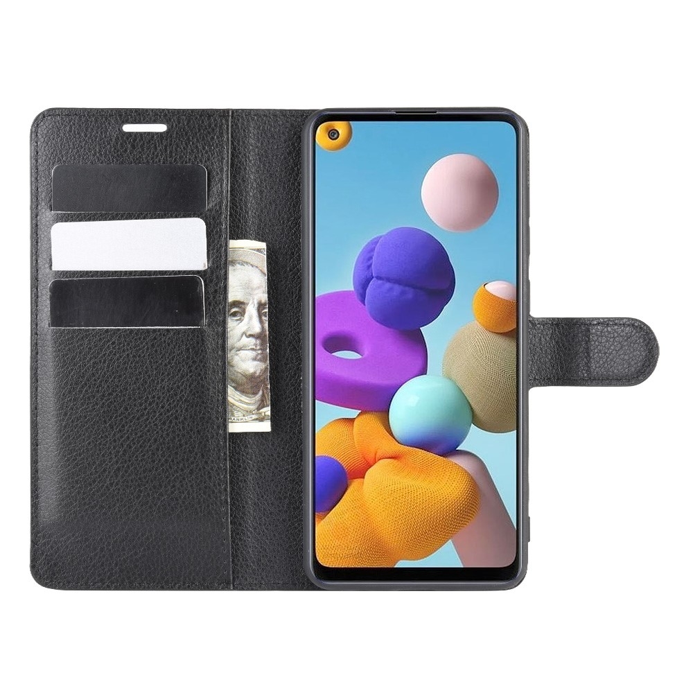Samsung Galaxy A21s Leder Tasche Flip Cover Litchi Look - Schwarz
