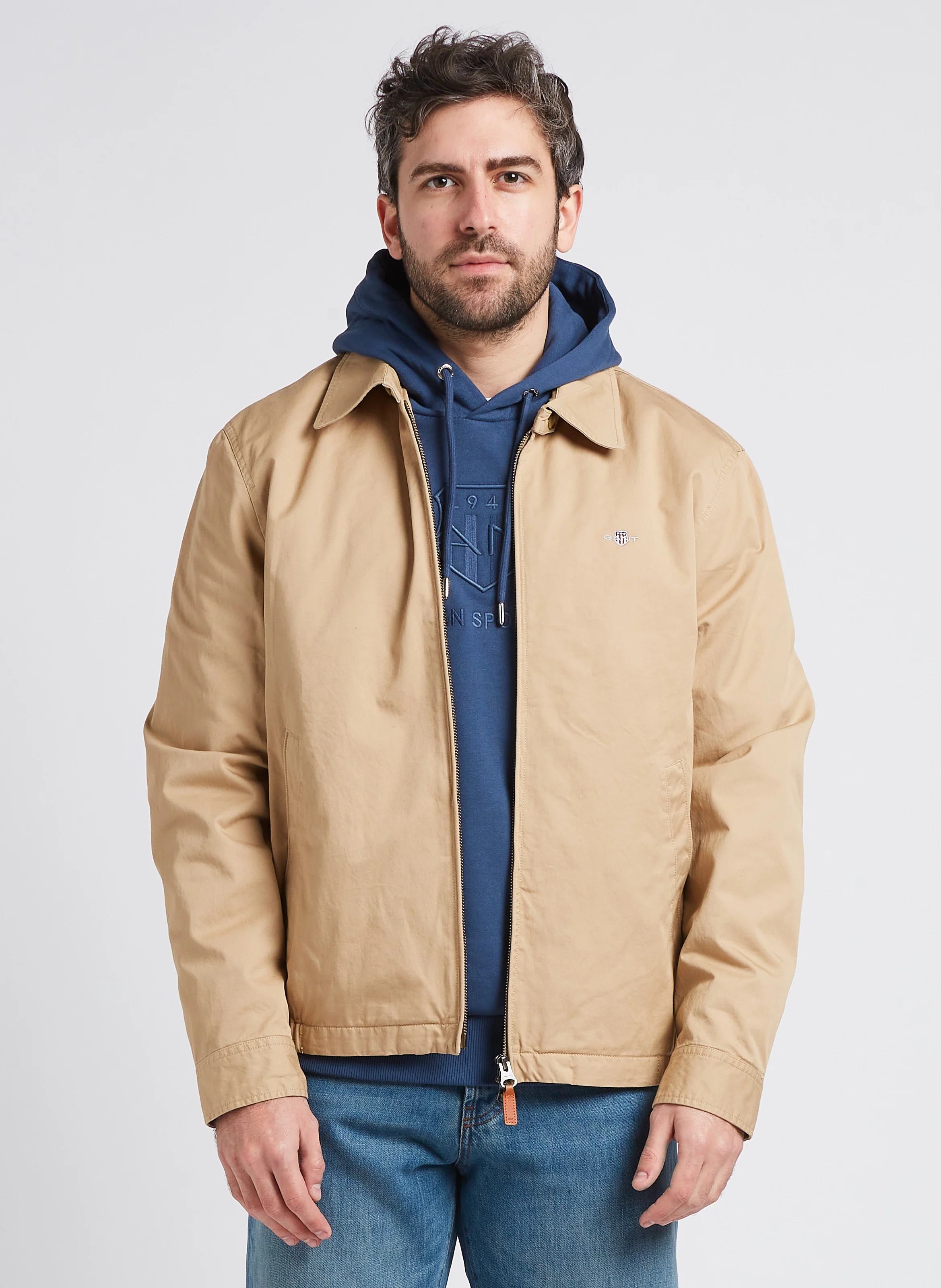 Coupe-vent droit brodé à col classique en coton | Kaki