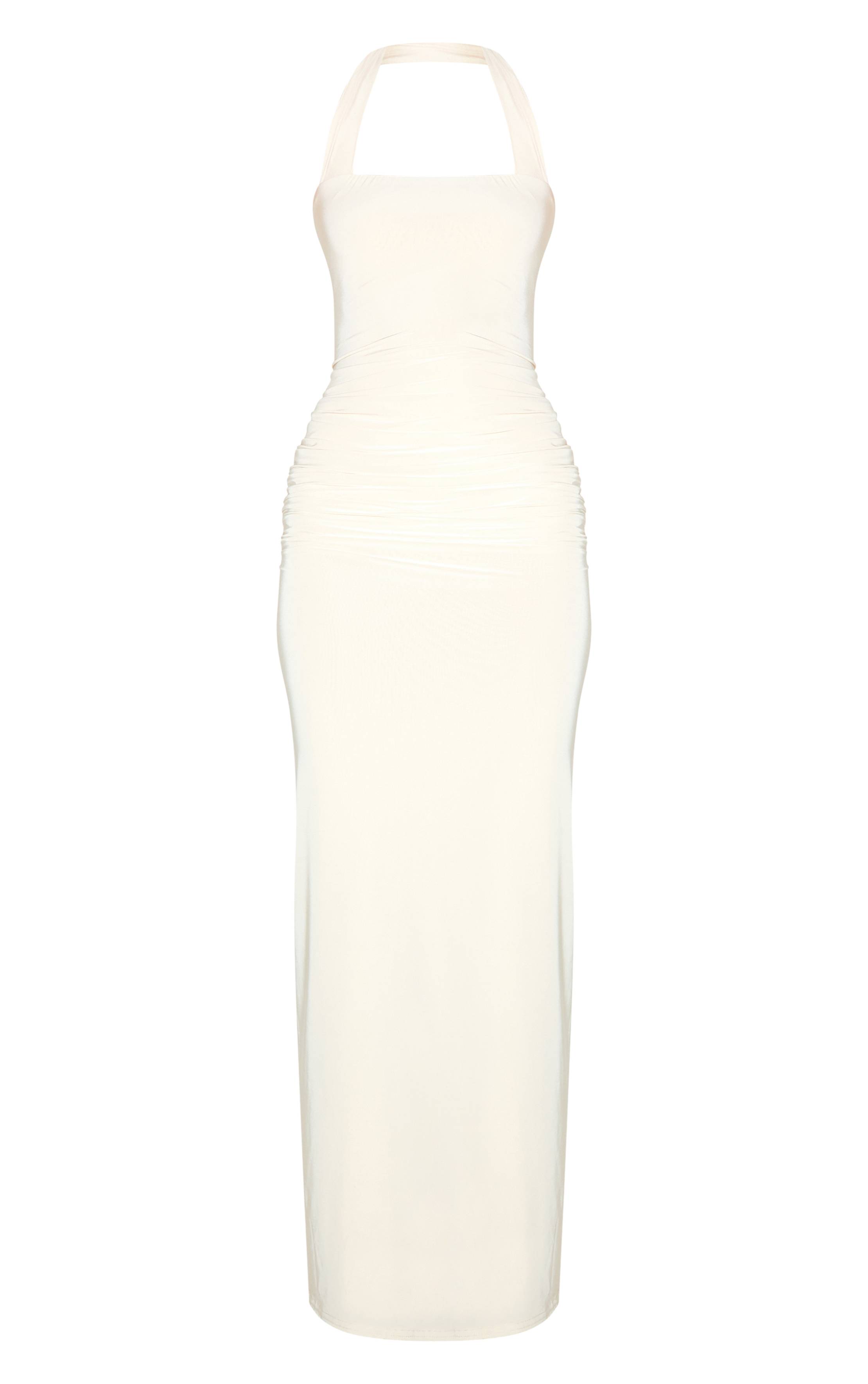 Crème Robe Longue Double Couche En Tissu Slinky À Encolure Carrée Licou Avec Détails Drapés