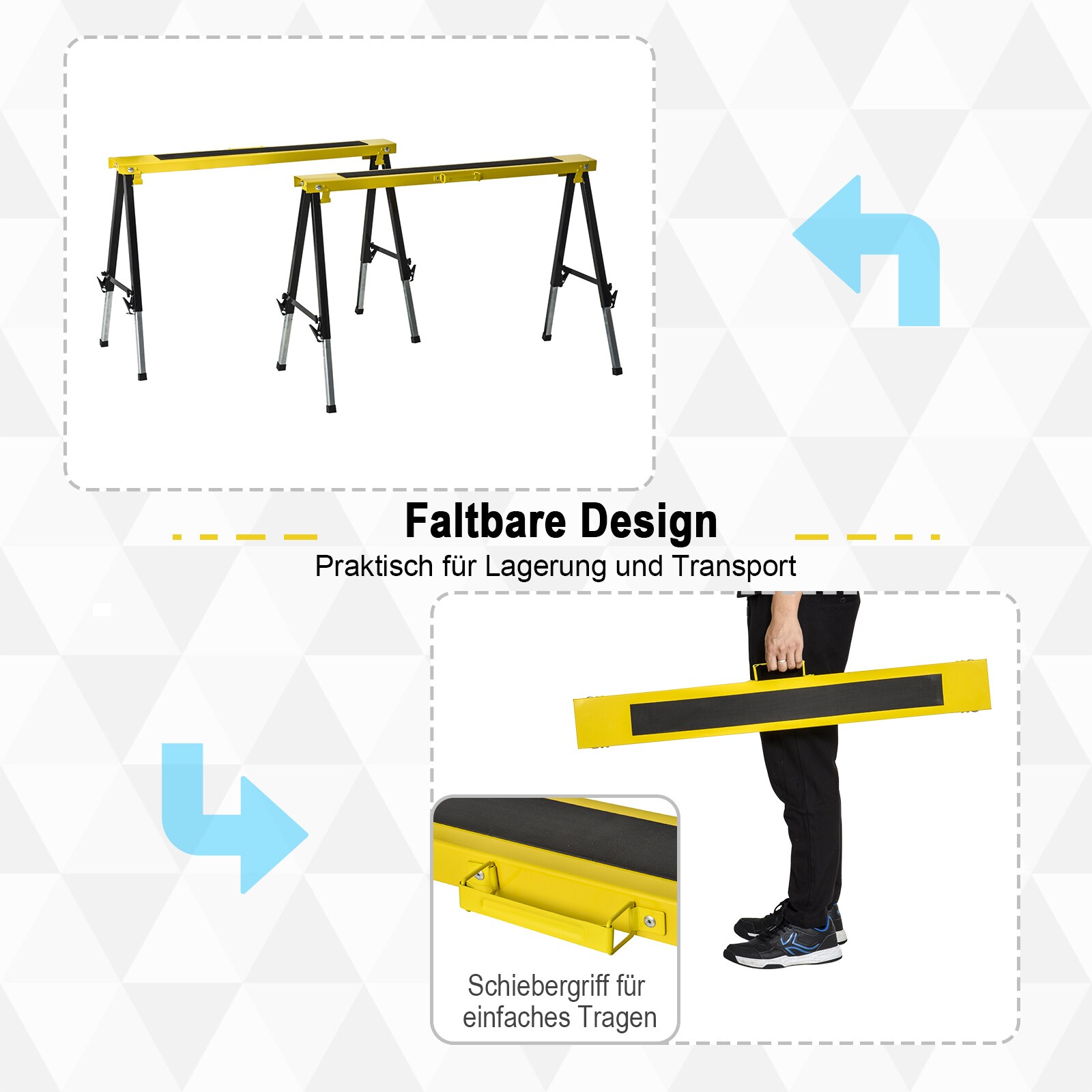 HOMCOM Arbeitsbock 2-er Set klappbar Gelb+Schwarz 100 x 49 x 62-89,5 cm (LxBxH)