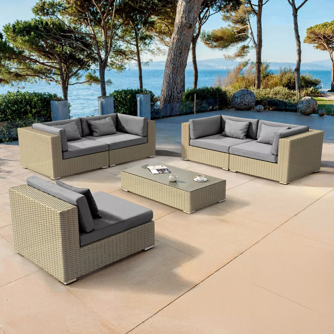 Salon de jardin en résine tressée 5 places 6 pcs Palma Gris et anthracite