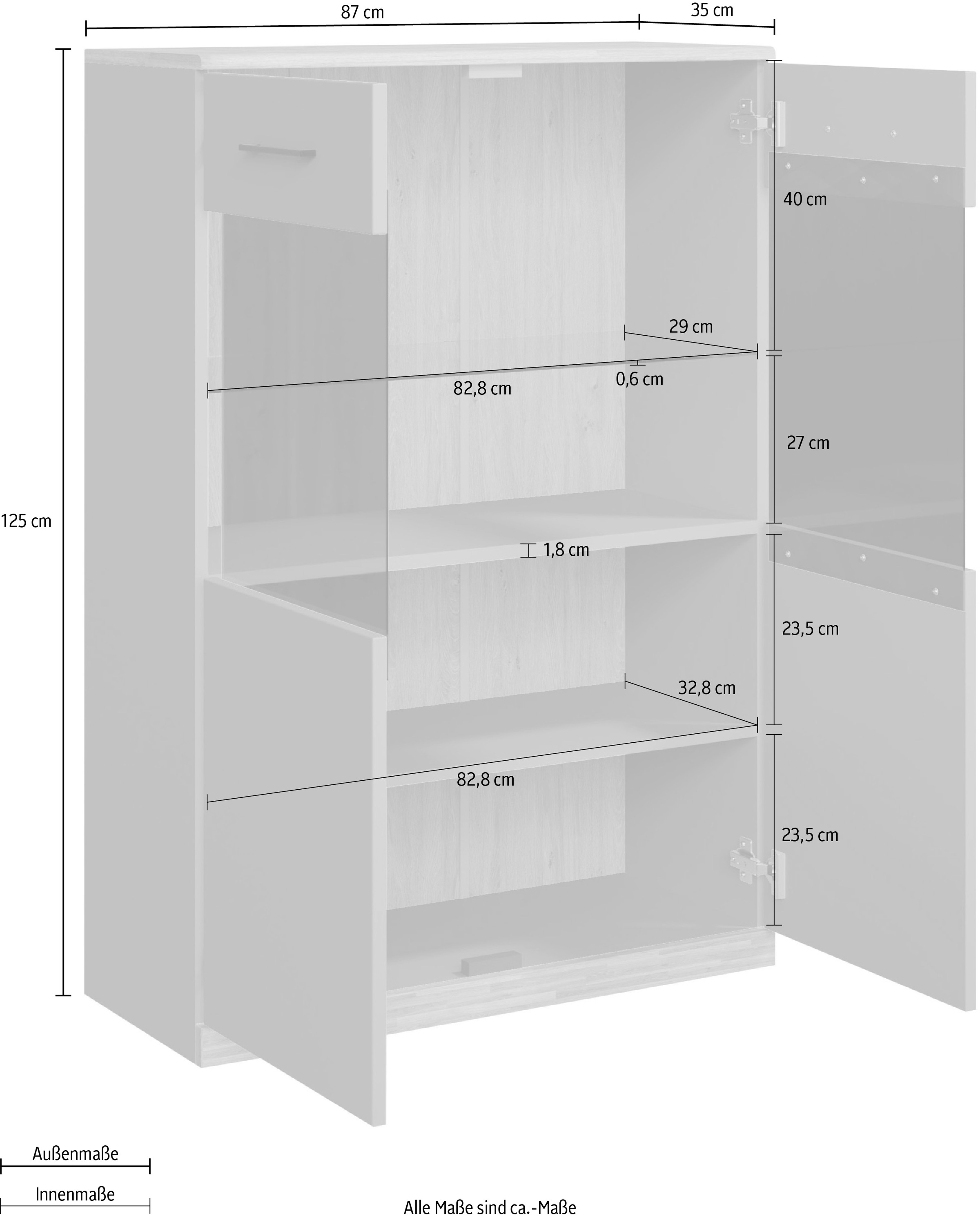 Home affaire Highboard »Ribe,125cm hoch,87cm breit,4 breite Fächer« Oberplatte Eiche massiv,dunkles Glas, schwarze Metall Griffe
