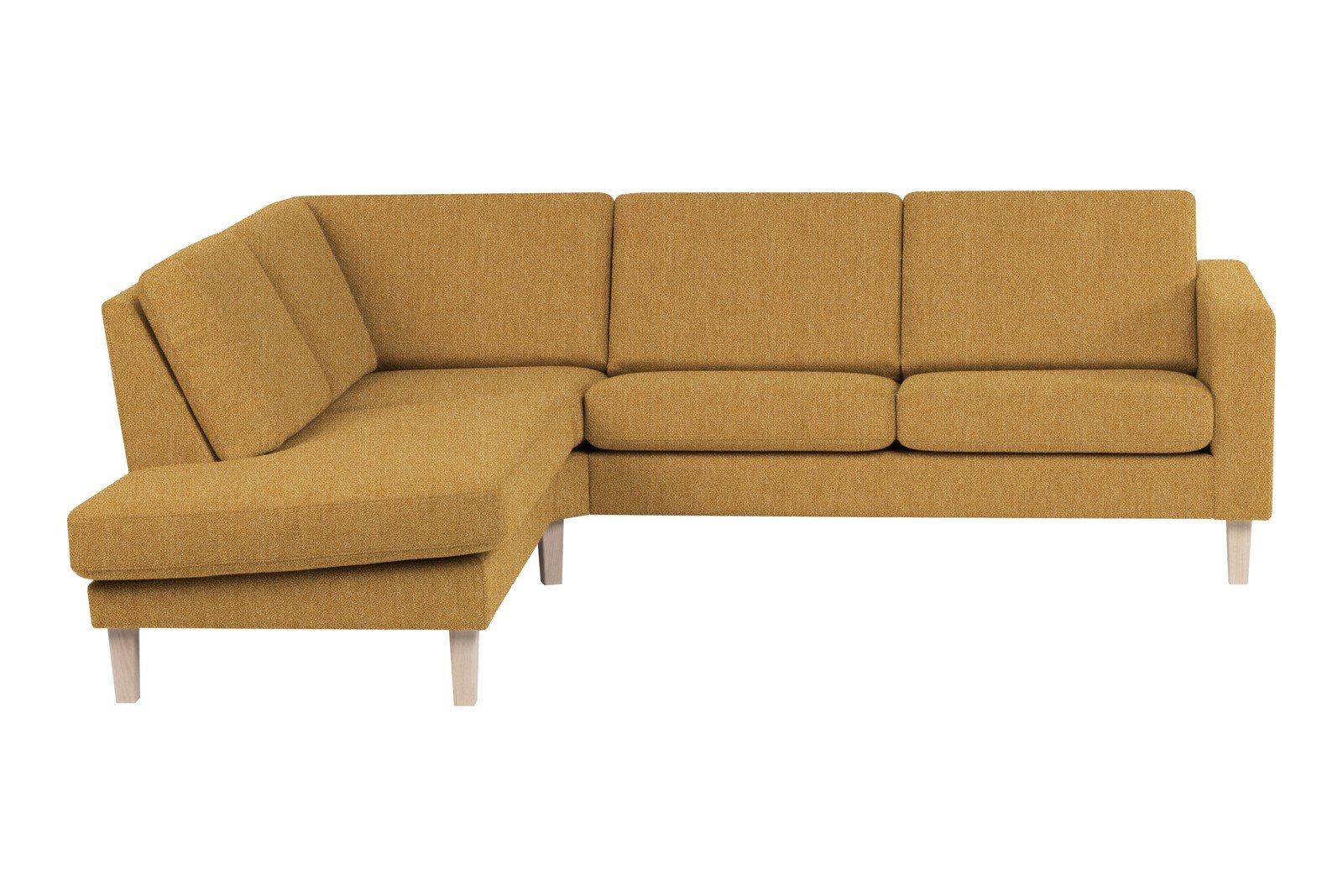 Slogen hjørnesofa Oppsett AV. 2,5-seter med åpen ende venstre. Tekstil Viva Golden med standard ryggpute. Vange B og hvitpigmentert ben 178.