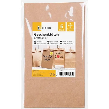 Heku Geschenktüten braun, 21 x 12 x 6 cm, 6 Stück