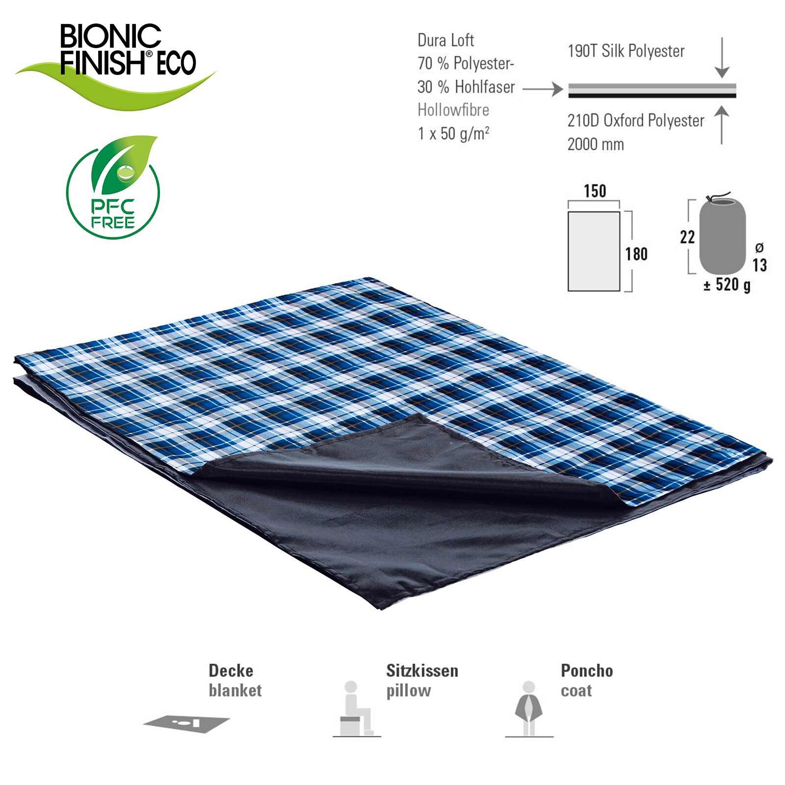 HIGH PEAK Campingdecke Cozy Picknickdecke Reisedecke Strand Decke Picknick 180cm