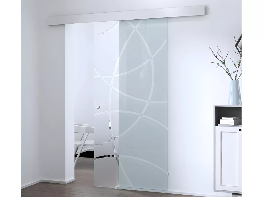 Porte coulissante avec système en applique H205 x L93 cm - Verre trempé dépoli - HEIDI
