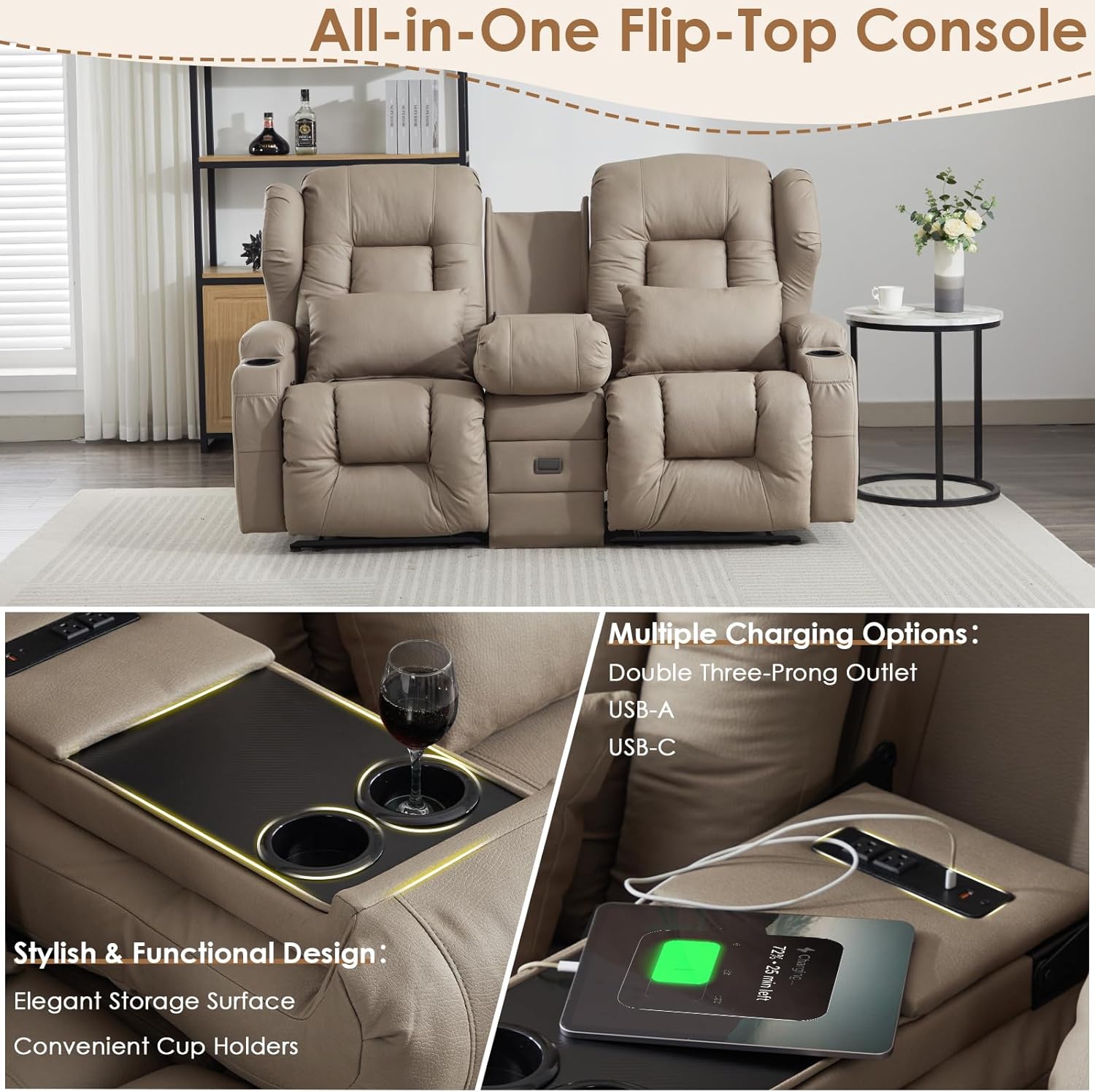 SAMERY Zweisitzer Relaxsessel mit Liegefunktion, 2er-Fernsehsessel Kinosessel 2 Sitzer TV Sessel Heimkino Sitze mit klappbare Mittelkonsole, 4 Getränkehalter (Khak, 172cm Zweisitzer)