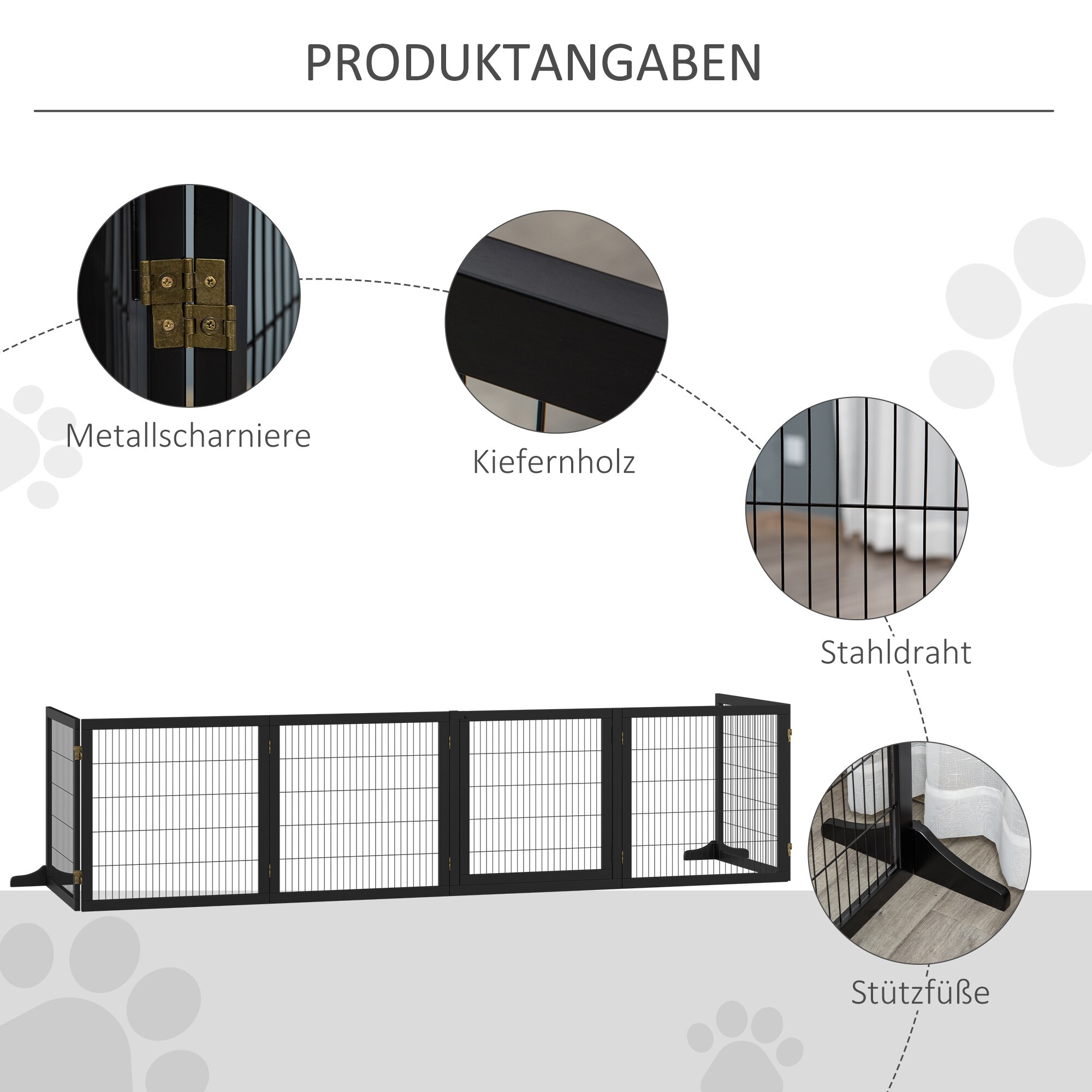 PawHut Türschutzgitter mit sechs separaten Paneelen schwarz 432L x 36B x 70H cm