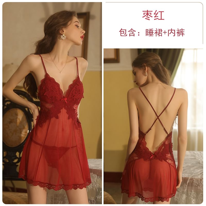 Candyiry - Lingerieset: V-hals babydoll met kanten paneel en effen V-hals + string