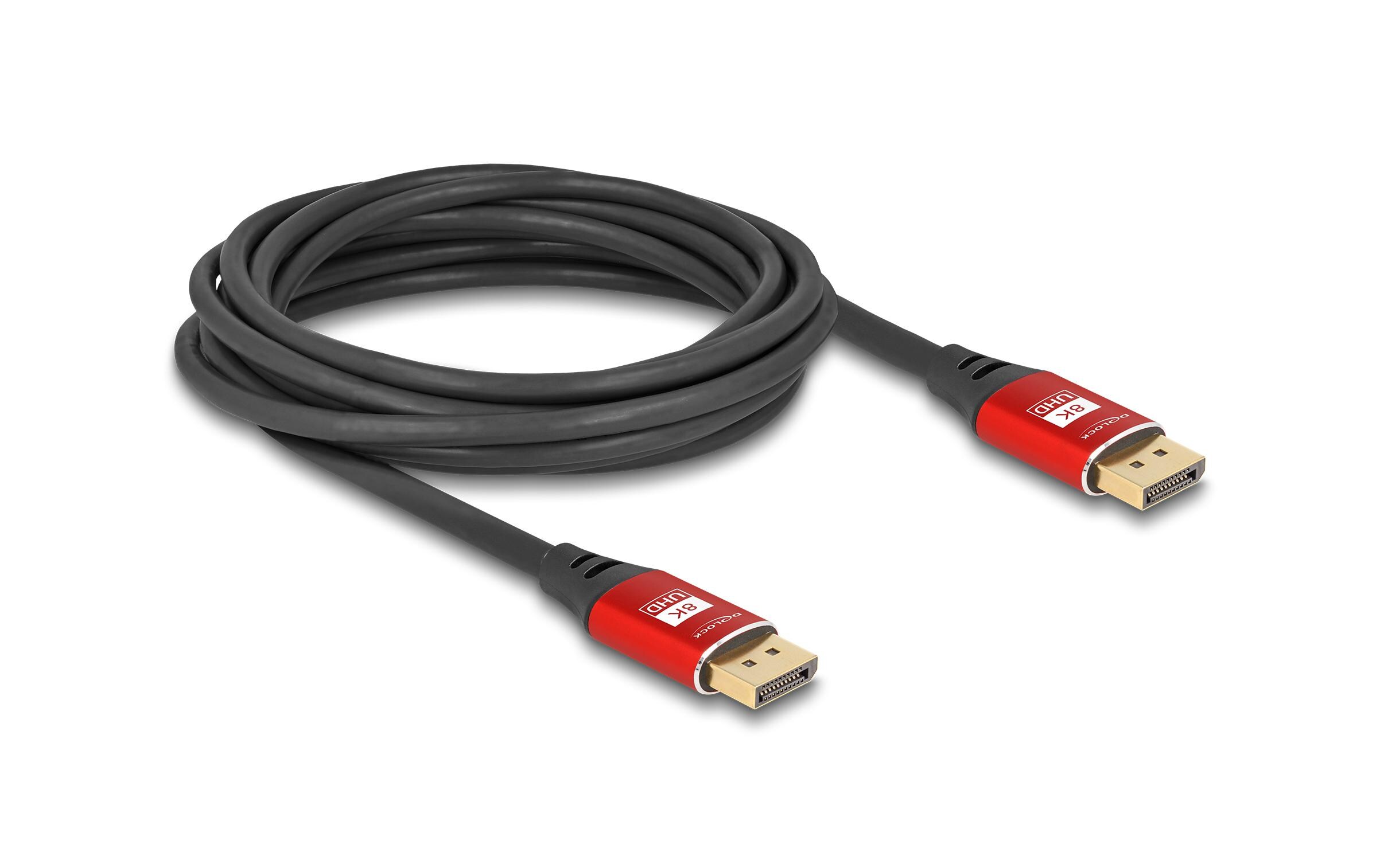 Kabel 8K 60 Hz DisplayPort - DisplayPort, 5 m, RotDelock DisplayPort Kabel 8K 60 Hz 5 m rot Metall