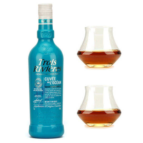 Rhum Trois rivières blanc cuvée de l'océan 42% et ses 2 verres de dégustation