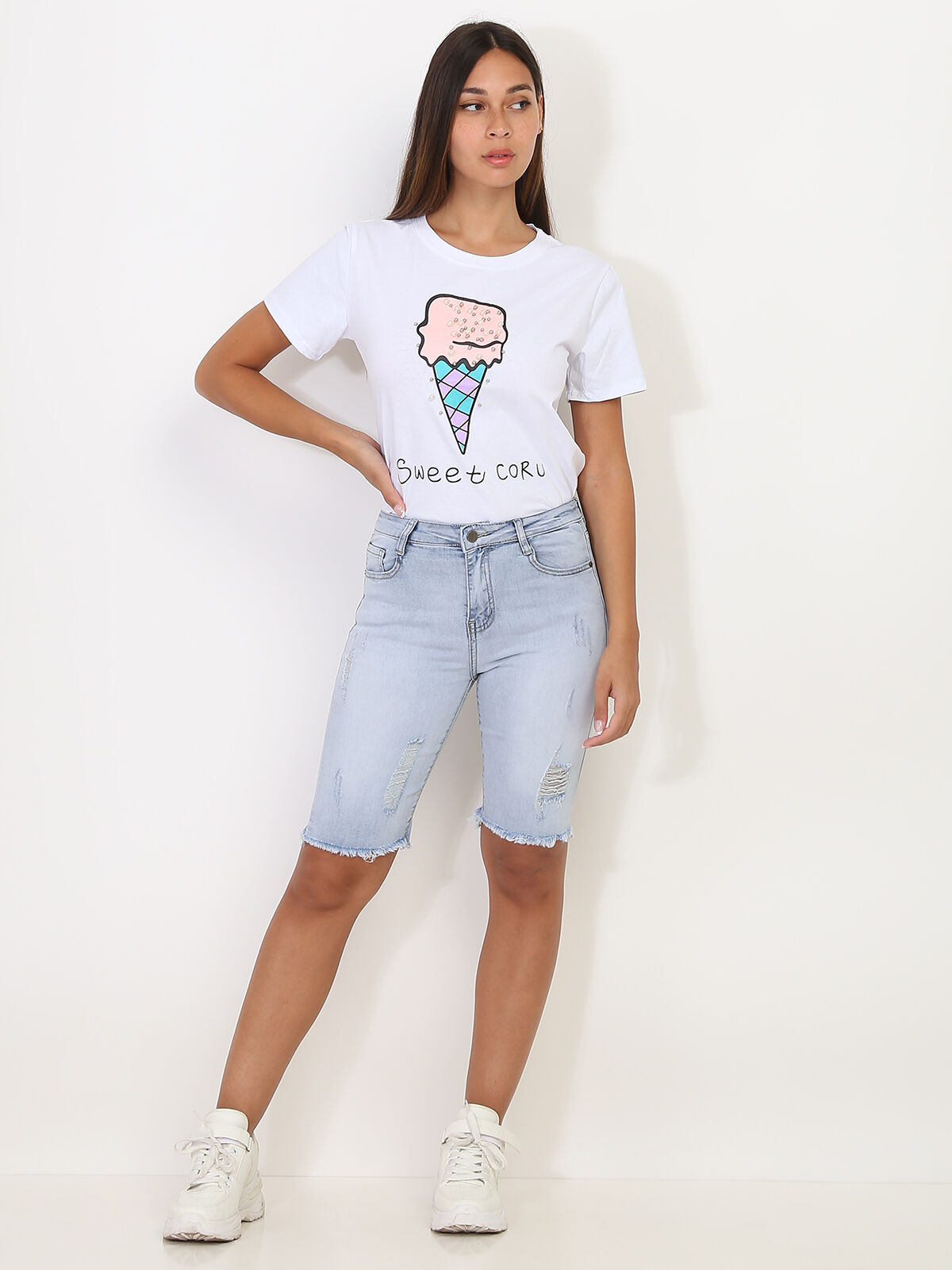 T-shirt glace et perles- Blanc