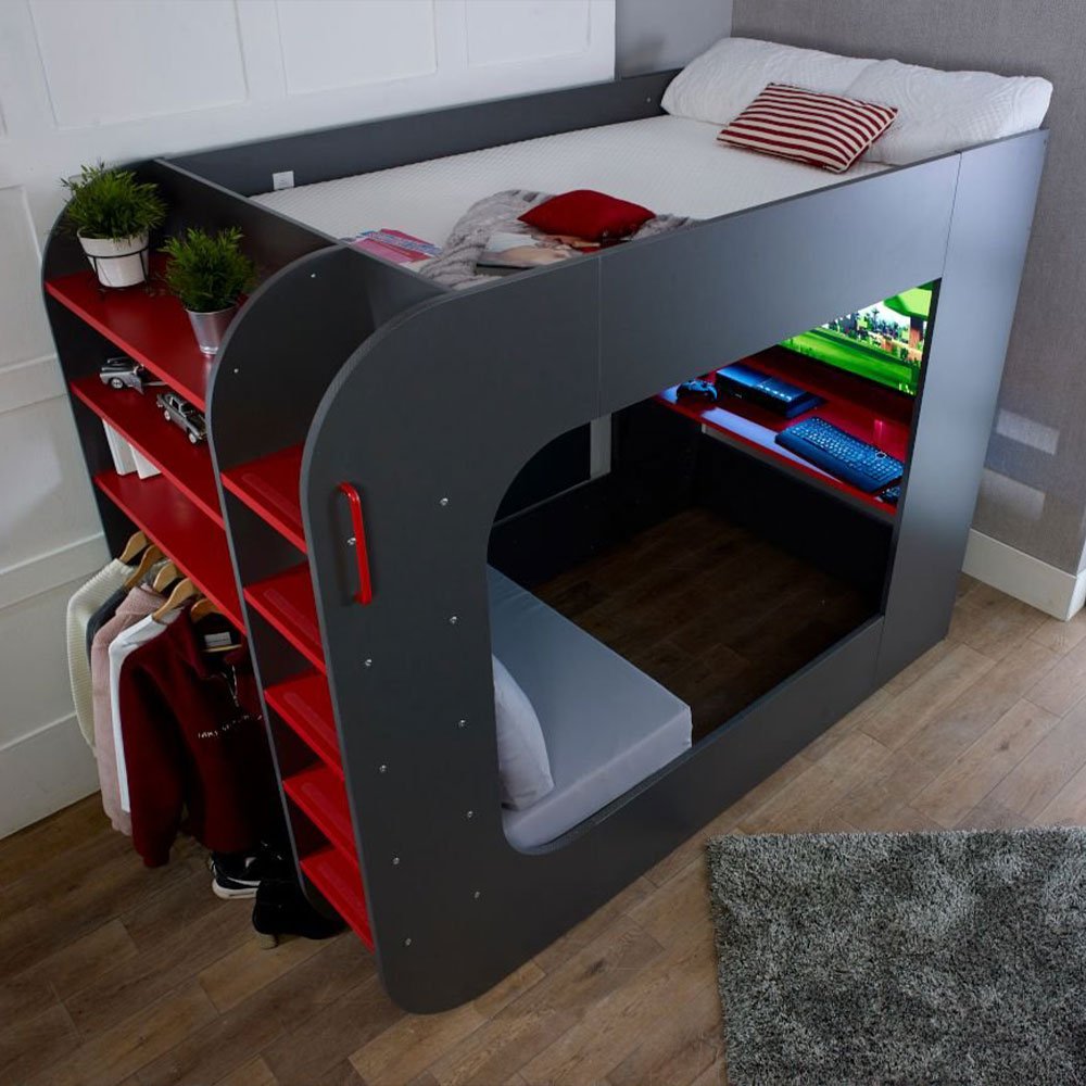 Cama alta para jogos PodBed cinza e vermelha com sofá cinza
