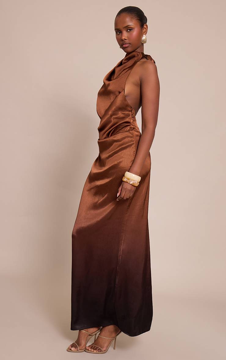 Bronze Robe Longue Col Bénitier En Satin À Imprimé Abstrait Ombré