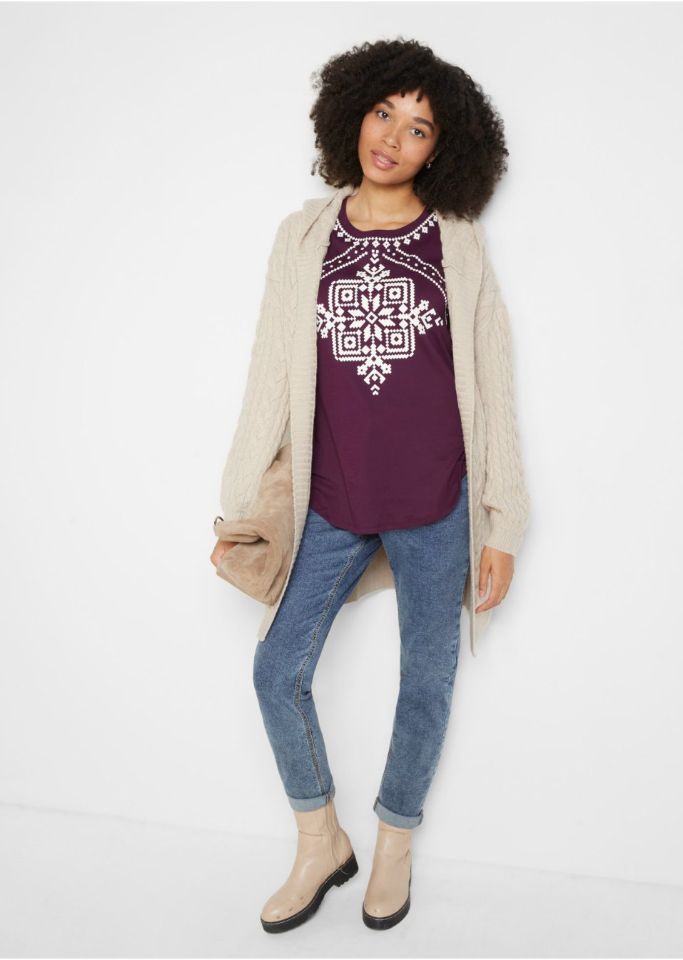 T-shirt manches longues coton côtelé à motif norvégien