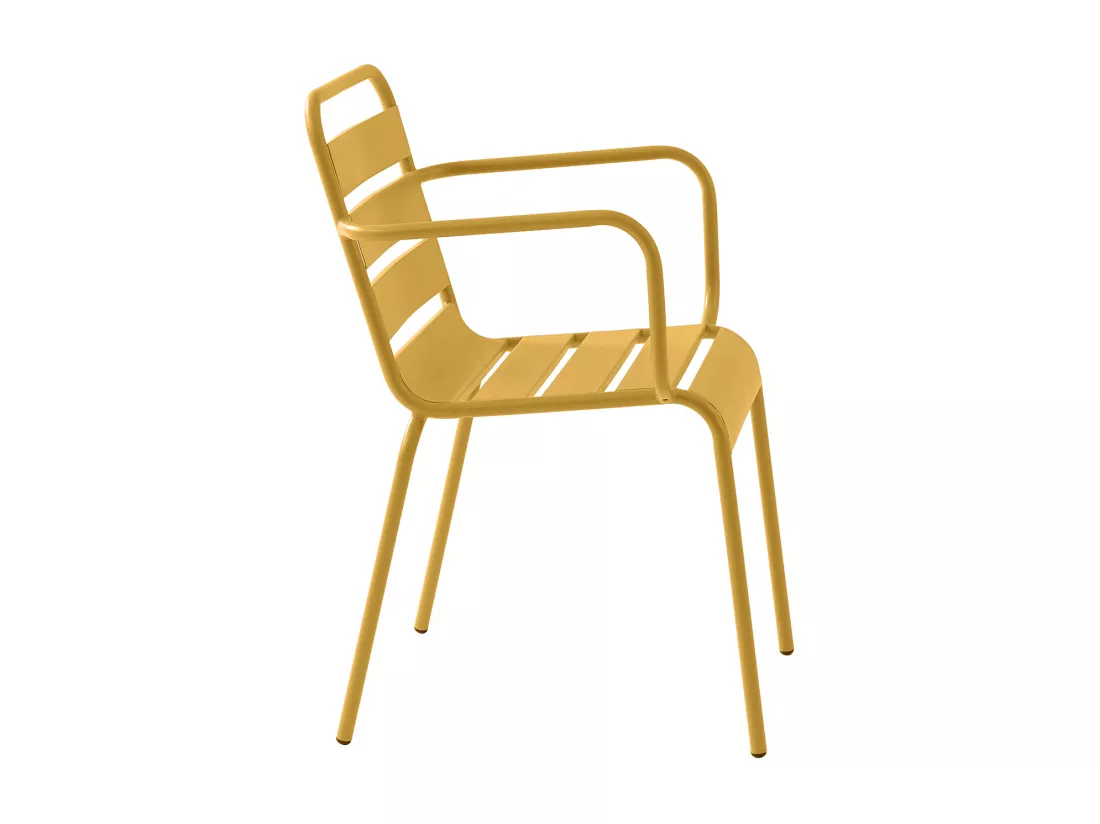 Salle à manger de jardin en métal - une table D.110 cm et 4 fauteuils empilables - Jaune moutarde - MIRMANDE de MYLIA