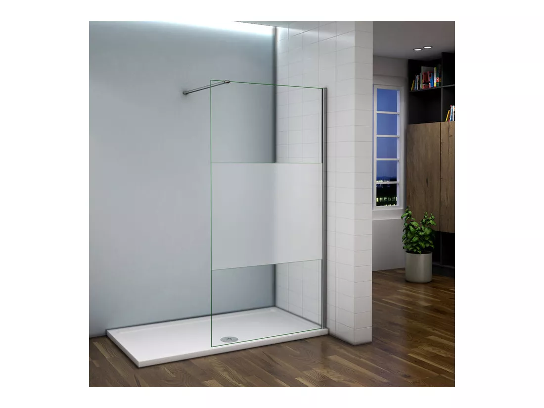Paroi de douche à l'italienne 110x200cm avec barre de fixation 90cm recoupable, en 8mm verre bande centrale dépolie