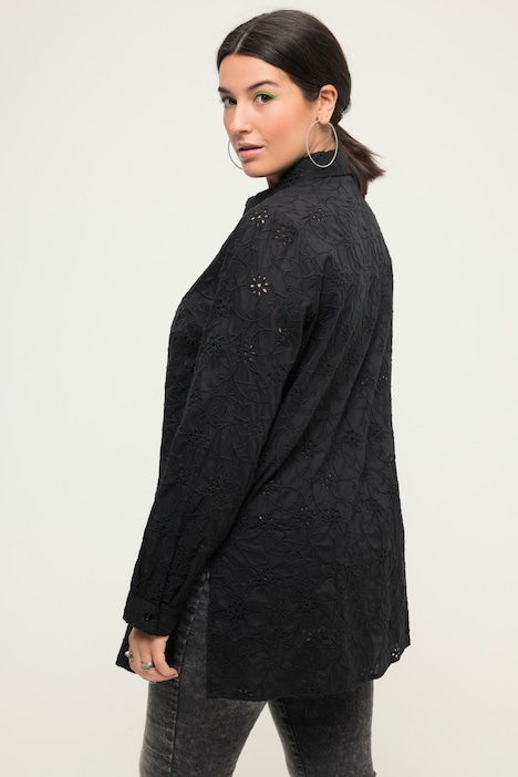 Hemdbluse, Boxy Shape, Lochstickerei, Hemdkragen, Langarm