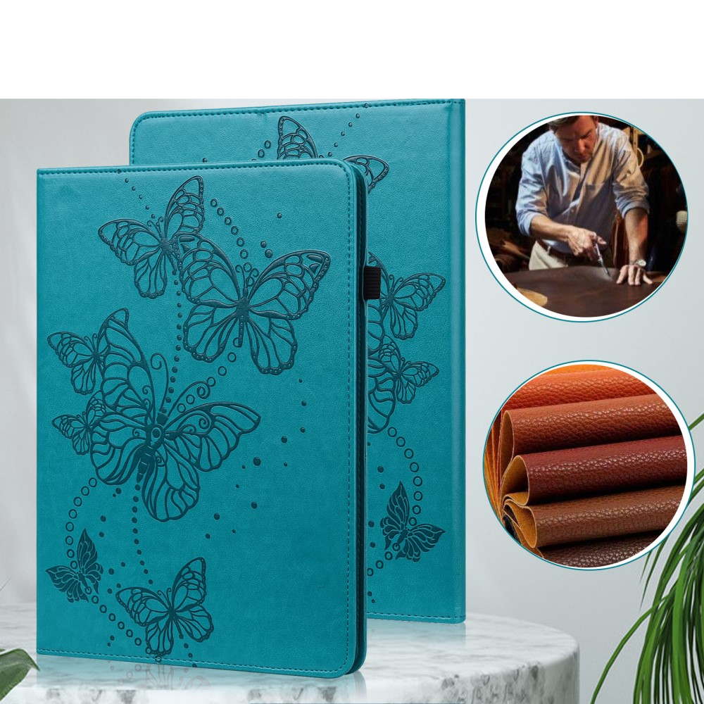 Samsung Galaxy Tab A11 / A9 Leder Tasche Flip Cover Butterflies Imprint   S-Pen Halterung - Blaugrün