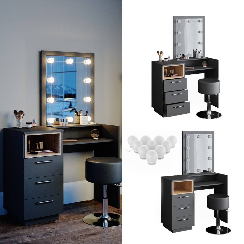 Vicco Schminktisch Frisiertisch Frisierkommode Beatrice anthrazit LED Hocker Set
