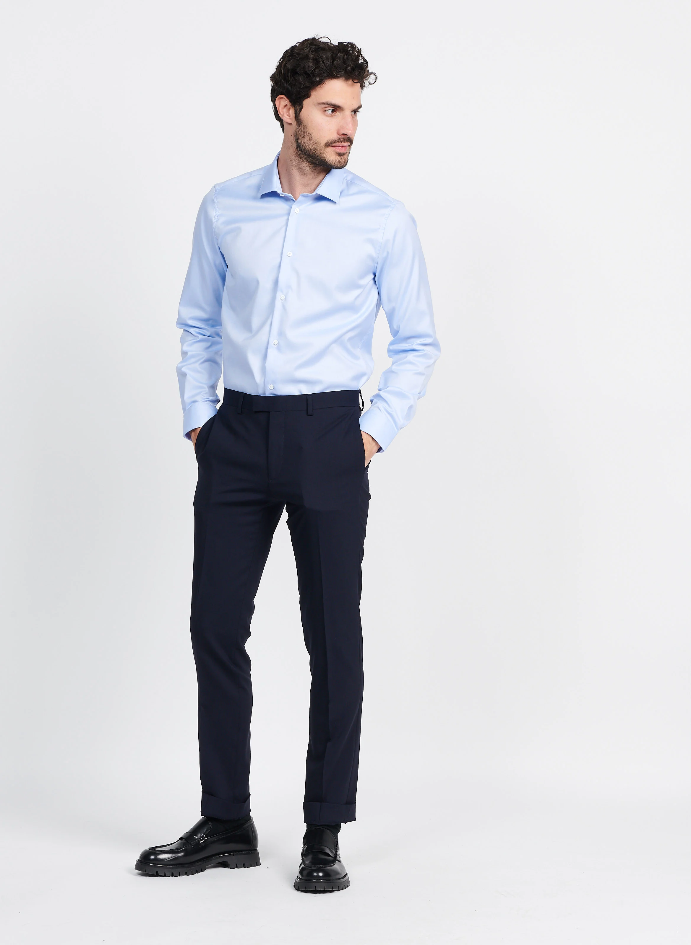 Chemise col classique slim-fit en coton| Bleu