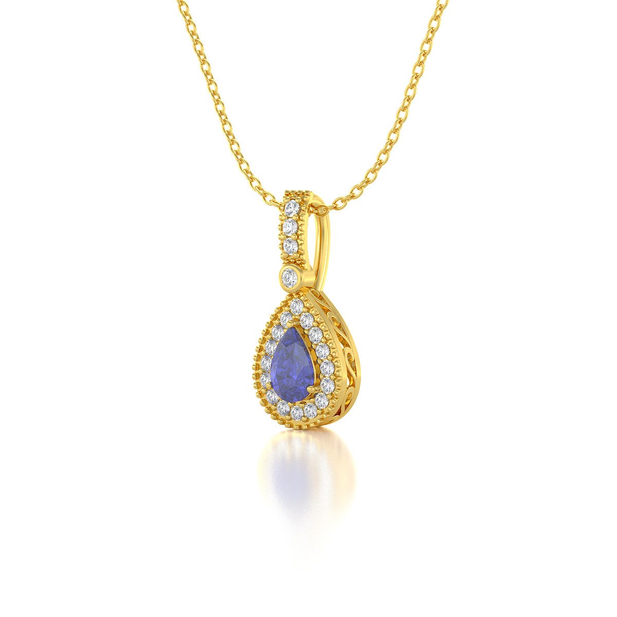 Collier Pendentif ADEN Or 585 Jaune Tanzanite et Diamants Chaine Or 585 incluse 1.55grs