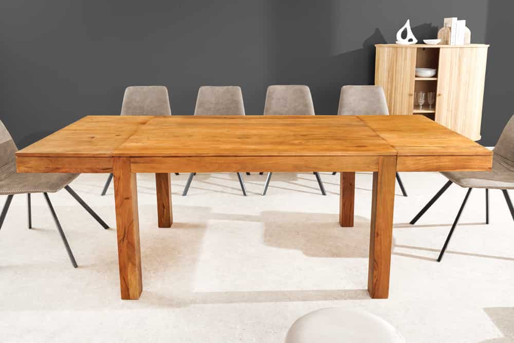 Massiver Holz Esstisch PURE 120-200cm natur honey finish Akazie mit Ansteckplatten