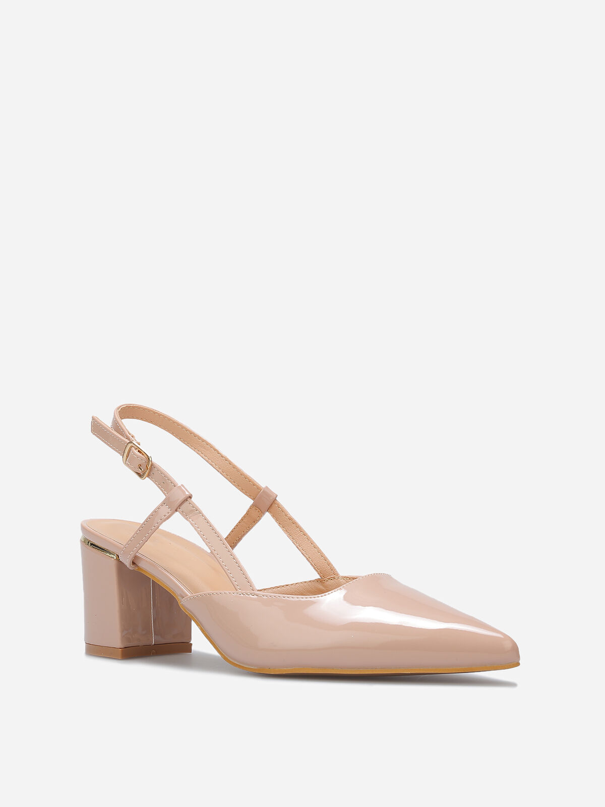 Escarpins slingback vernis à détails dorés- Beige