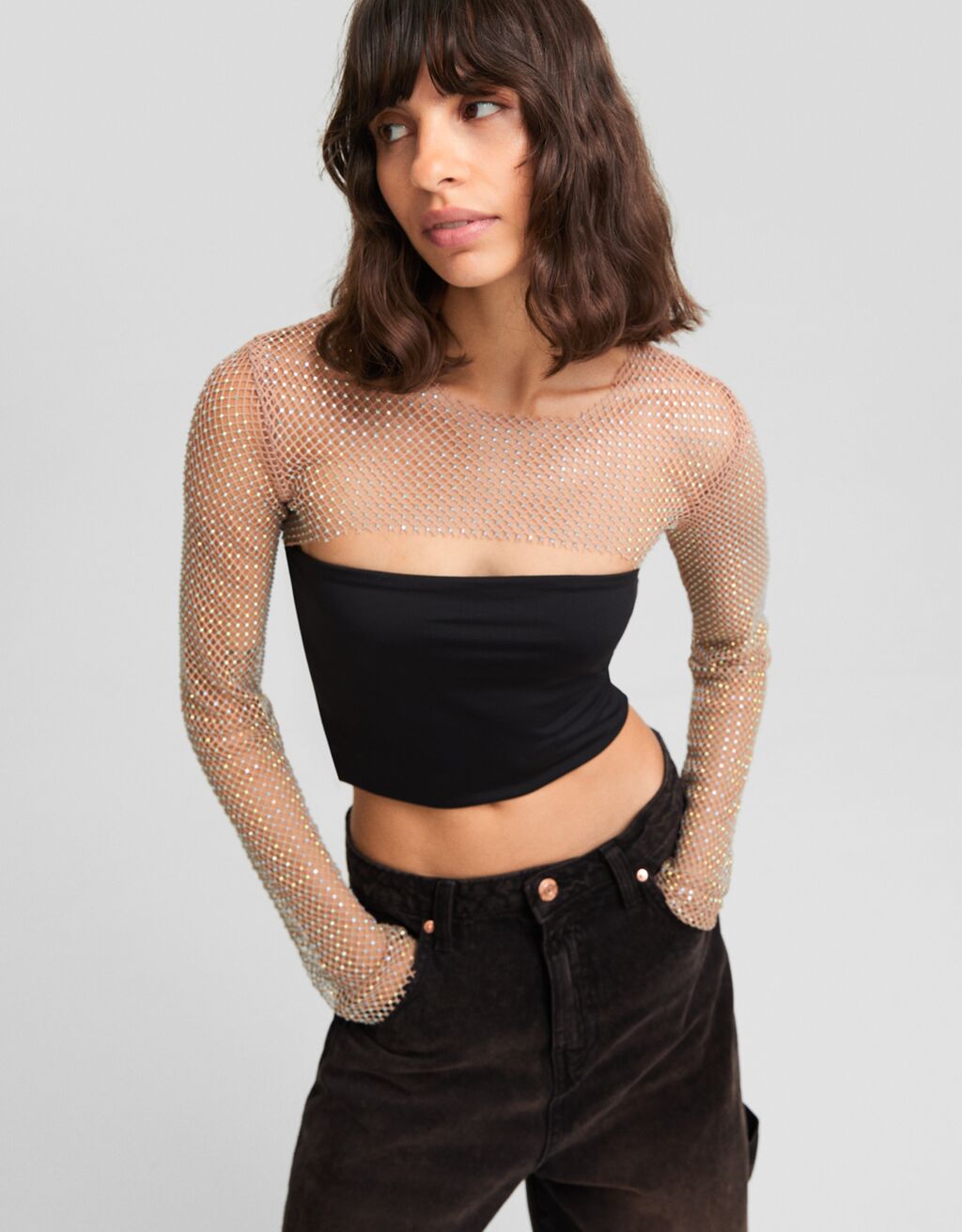 Camiseta de manga comprida em malha com strass