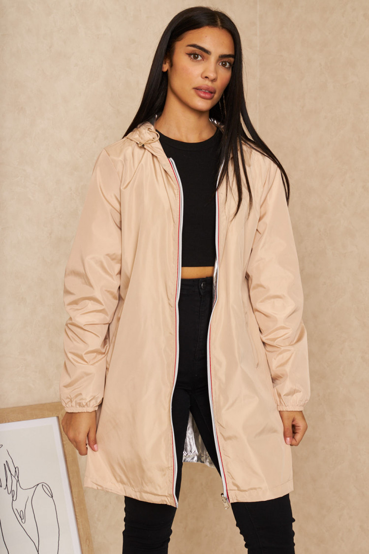 Veste imperméable mi-longue réversible beige ou gris métallisé