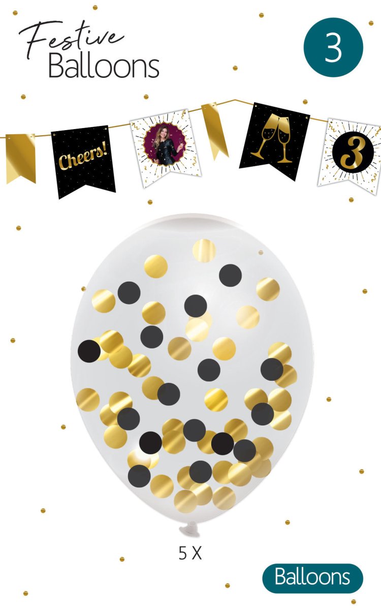 Confetti Ballonnen Goud Zwart 30cm 5st