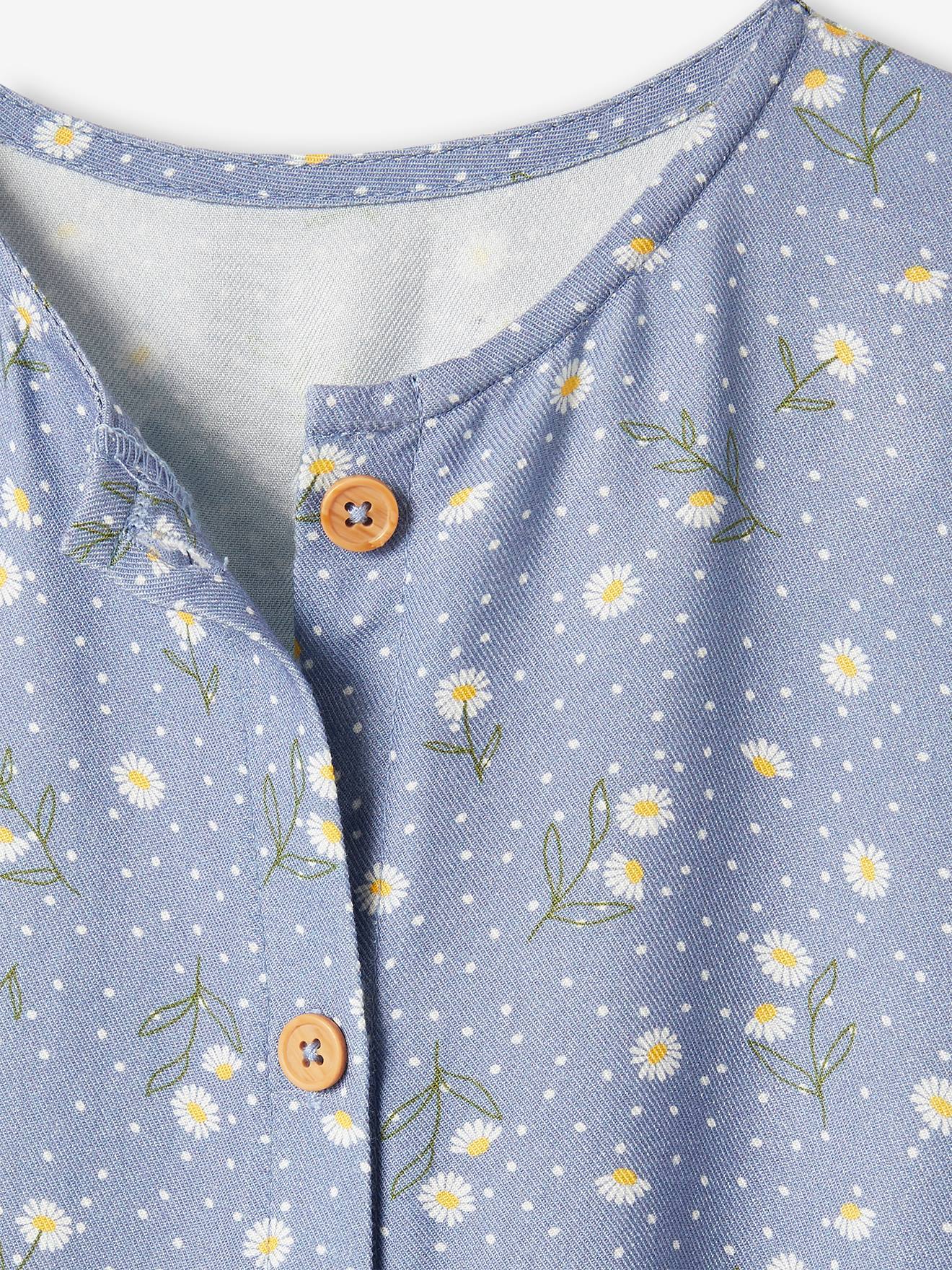 Vestido com botões e estampa floral, para meninas, na cor bege claro.