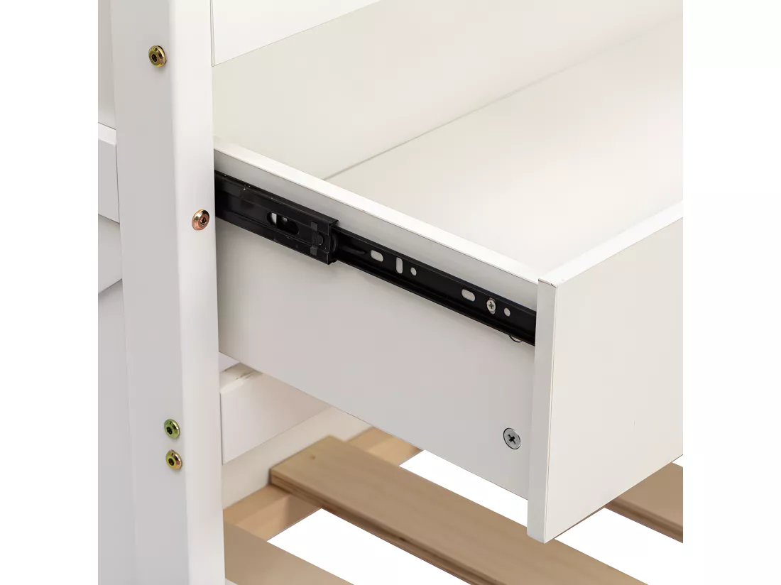 Lit gigogne en bois massif - 90x190cm - avec 2 tiroirs et Port de charge USB sur l'étagère - Blanc