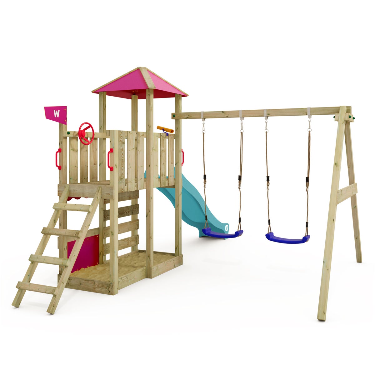 WICKEY Smart Savana speeltoren klimtoestel met schommel en glijbaan, speelhuis met klimladder en speelaccessoires – turquoise