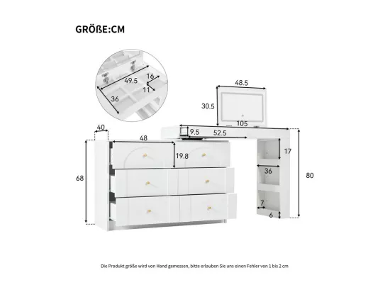 Coiffeuse avec éclairage LED 105x40x80 cm - avec 7 tiroirs - avec compartiments de rangement - blanc