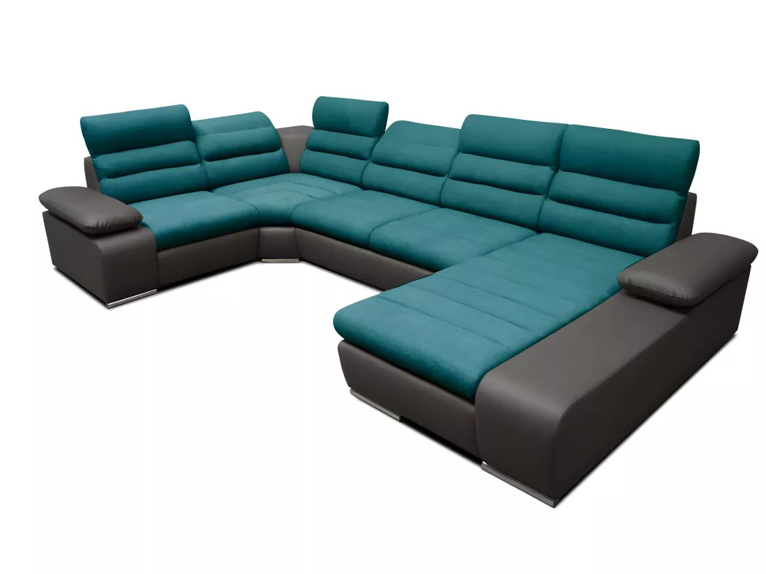 Canapé d'angle panoramique convertible en tissu et simili BOILEAU - Bicolore turquoise/anthracite - Angle droit