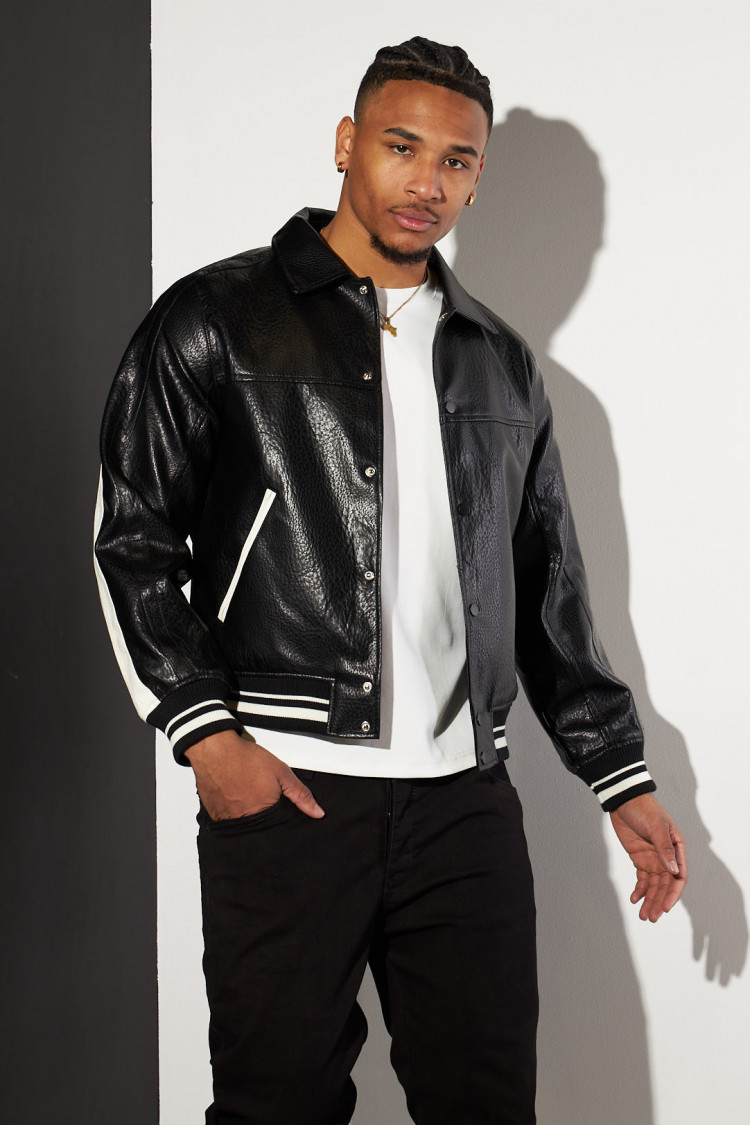 Bomber noir et écru en simili cuir
