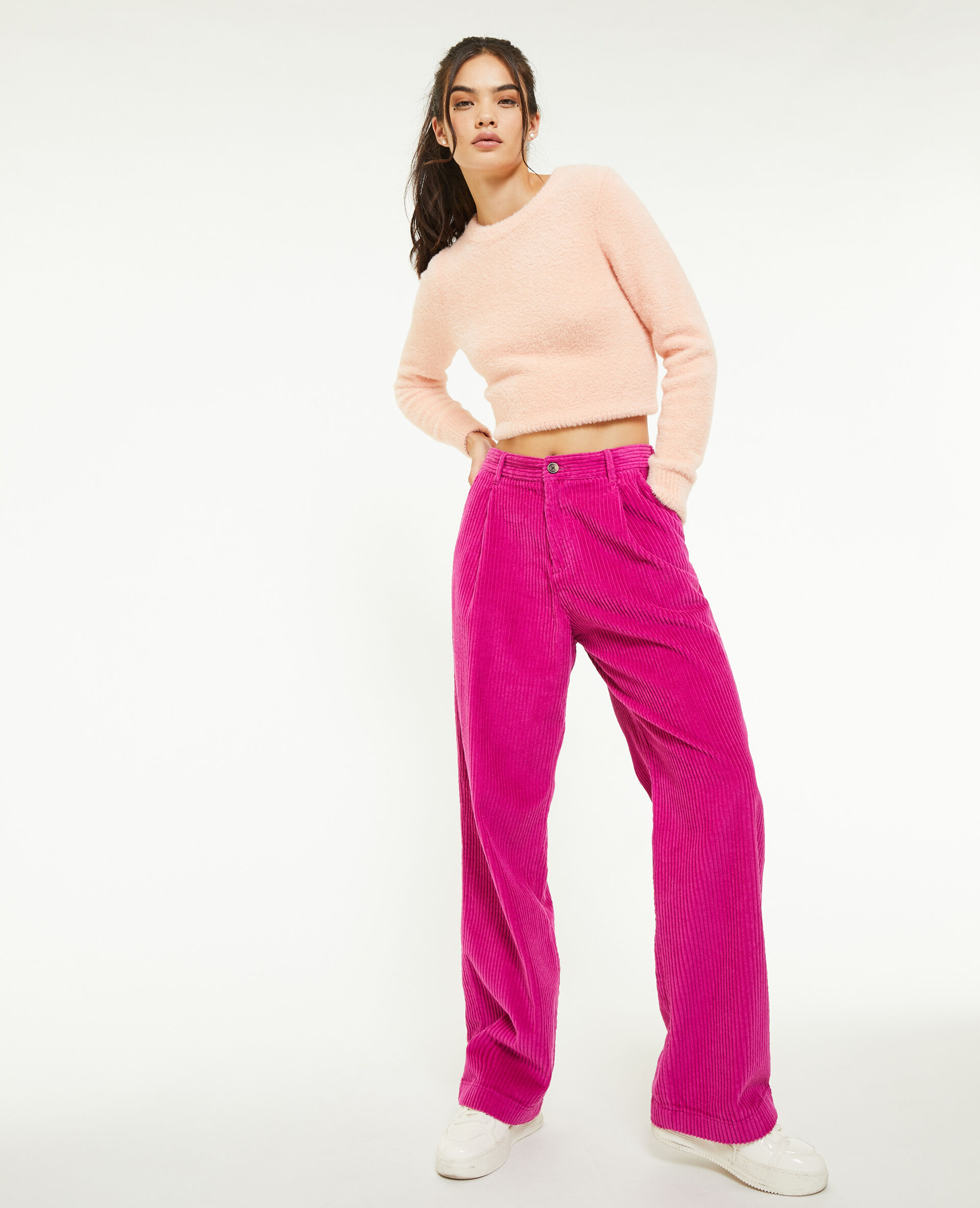 Pantalon velours droit avec pinces - Rose