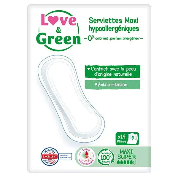 Absorventes higiênicos hipoalergênicos Love & Green Maxi Super, pacote com 14 unidades.