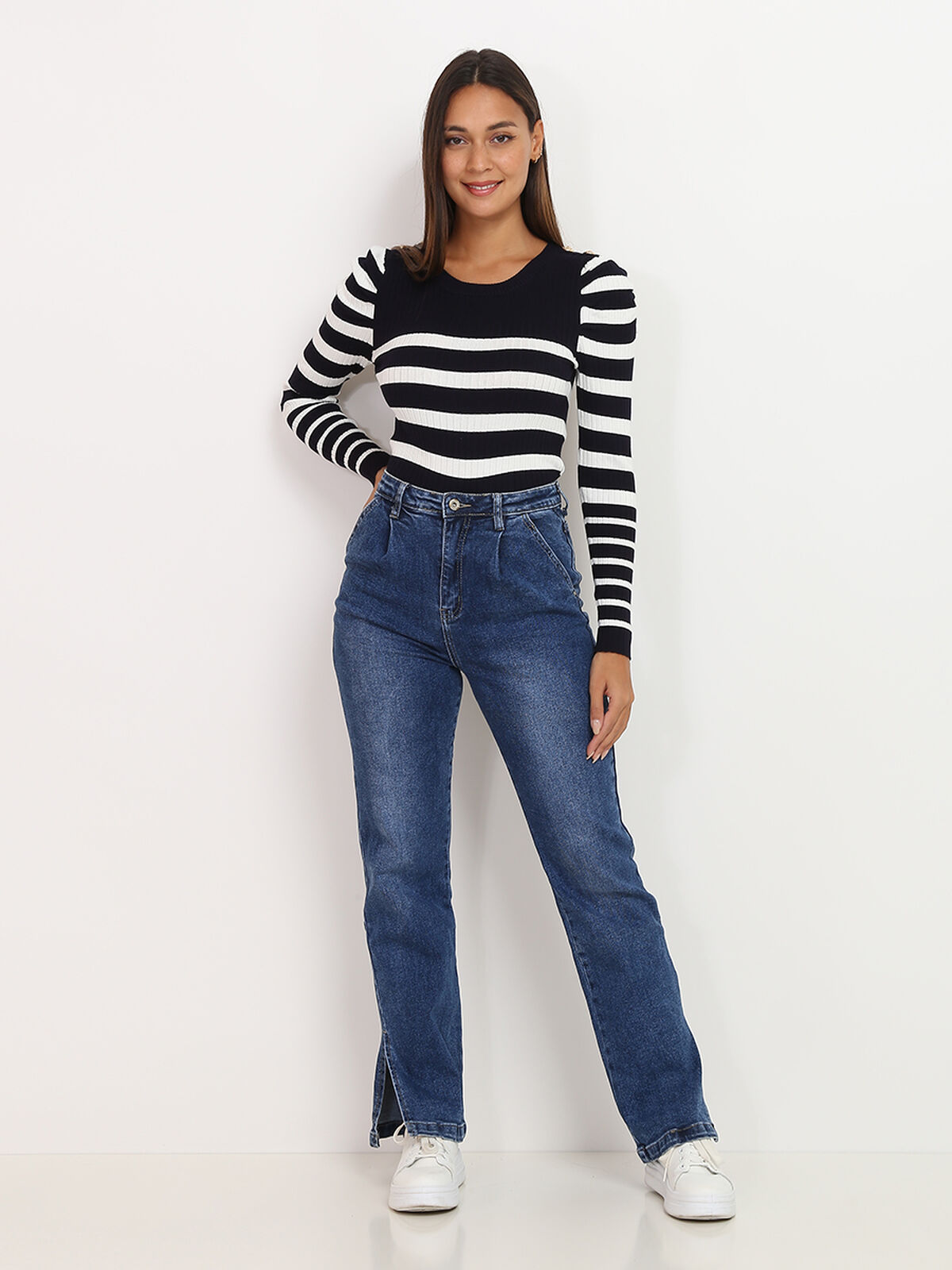 Jeans droit à fentes- Bleu