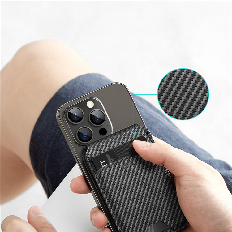 HaloLock Magnetische MagSafe iPhone Echtleder Wallet Kreditkarten Halterung in Carbon Optik   Kickstand Aufsteller - Schwarz