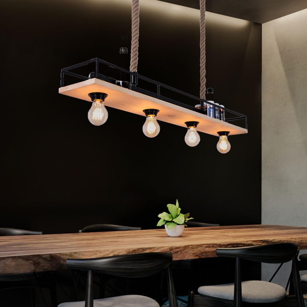Hängelampe Holzleuchte Deckenleuchte Wohnzimmer Pendelleuchte mit Hanfseil, Metallrahmen mit Ablage schwarz, 4x E27, LxH 95x120 cm